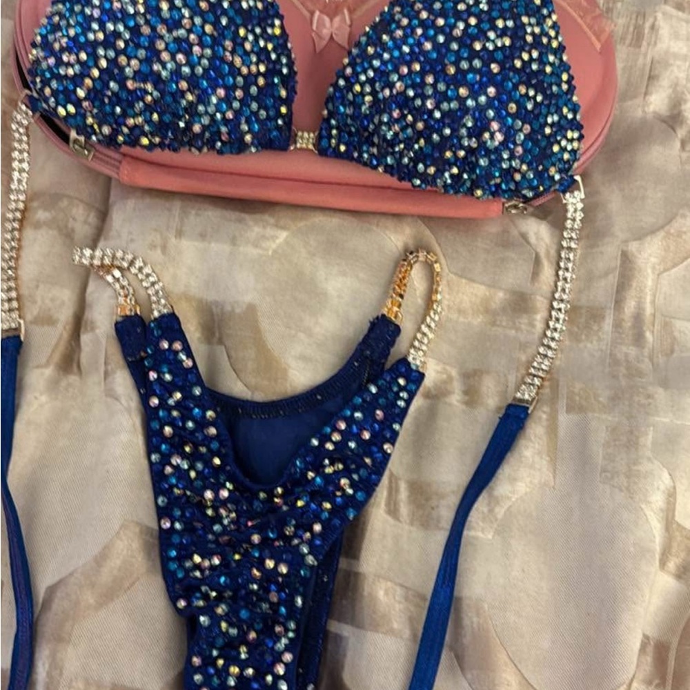 Blue Beaded Bikini with Rhinestone Straps NPC BIKINI CLASS